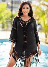 3/4 Sleeve Black Tassel Hem Cover Up