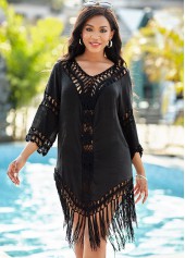 3/4 Sleeve Black Tassel Hem Cover Up