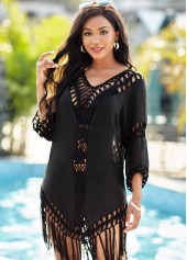 3/4 Sleeve Black Tassel Hem Cover Up