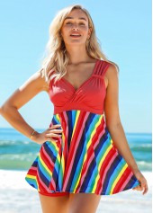 Mid Waist Rainbow Stripe Wide Strap Swimdress and Shorts