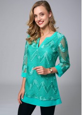 3/4 Sleeve Embroidered Split Neck Blouse
