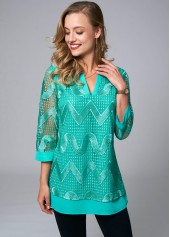 3/4 Sleeve Embroidered Split Neck Blouse