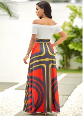 Geometric Print Off Shoulder Short Sleeve Dress