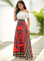 Geometric Print Off Shoulder Short Sleeve Dress