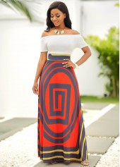 Geometric Print Off Shoulder Short Sleeve Dress