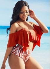 Zebra Print Ruffle Overlay Strappy Cold Shoulder Bikini Set