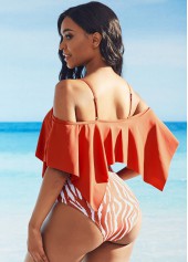 Zebra Print Ruffle Overlay Strappy Cold Shoulder Bikini Set