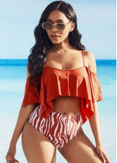 Zebra Print Ruffle Overlay Strappy Cold Shoulder Bikini Set