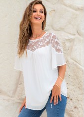 Short Sleeve Lace Stitching Round Neck Blouse