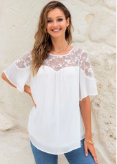 Short Sleeve Lace Stitching Round Neck Blouse