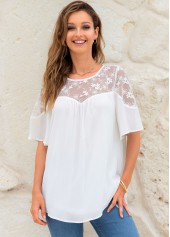 Short Sleeve Lace Stitching Round Neck Blouse