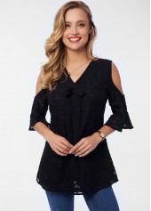 Cold Shoulder Lace V Neck Blouse