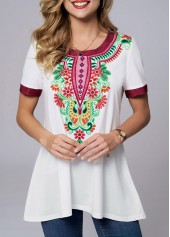 Short Sleeve Tribal Print Round Neck T Shirt