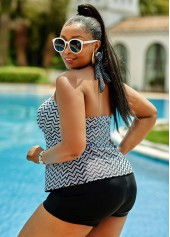 High Waisted Lace Up Plus Size Geometric Tankini Set 