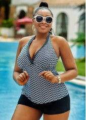 High Waisted Lace Up Plus Size Geometric Tankini Set 
