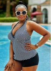 High Waisted Lace Up Plus Size Geometric Tankini Set 