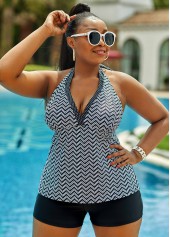 High Waisted Lace Up Plus Size Geometric Tankini Set 