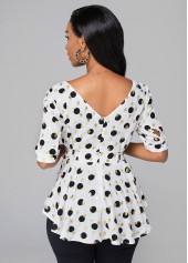 Polka Dot V Neck Asymmetric Hem Blouse