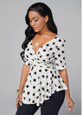 Polka Dot V Neck Asymmetric Hem Blouse