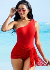 Lace Stitching Tie Front One Piece Swimdress