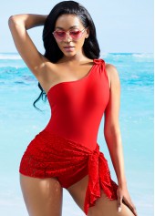 Lace Stitching Tie Front One Piece Swimdress
