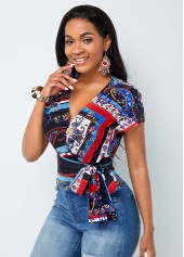 V Neck Paisley Print Tie Side Blouse 