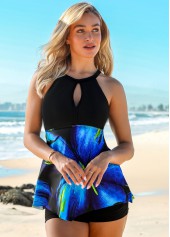 Asymmetric Hem Floral Print Cutout Bib Neck Tankini Top-No Bottom