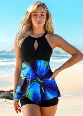 Asymmetric Hem Floral Print Cutout Bib Neck Tankini Top-No Bottom
