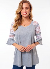 Flare Sleeve Lace Stitching V Neck T Shirt