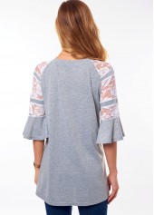 Flare Sleeve Lace Stitching V Neck T Shirt