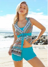 Tie Front Tribal Print Spaghetti Strap Tankini Set