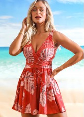 Leaf Print Wide Strap Tie Back Swimdress and Shorts