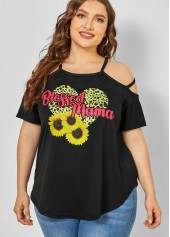 Sunflower Print Plus Size Strappy Cold Shoulder T Shirt