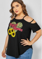 Sunflower Print Plus Size Strappy Cold Shoulder T Shirt