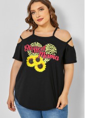 Sunflower Print Plus Size Strappy Cold Shoulder T Shirt