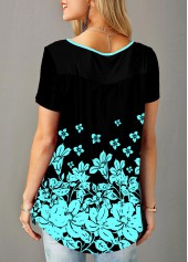 Short Sleeve Floral Print Split Neck T Shirt