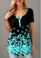 Short Sleeve Floral Print Split Neck T Shirt