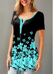 Short Sleeve Floral Print Split Neck T Shirt