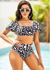 Geometric Print Lantern Sleeve Bikini Set