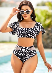 Geometric Print Lantern Sleeve Bikini Set