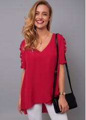 Asymmetric Hem Cutout Sleeve V Neck Blouse