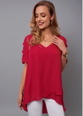 Asymmetric Hem Cutout Sleeve V Neck Blouse
