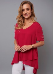 Asymmetric Hem Cutout Sleeve V Neck Blouse