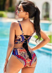 Spaghetti Strap Tribal Print Lace Up Bikini Set 