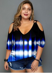 Cold Shoulder Plus Size Colorful Print T Shirt