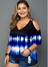 Cold Shoulder Plus Size Colorful Print T Shirt