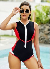 Quarter Zip Contrast Stitch One Piece Swimwear