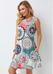 Wide Strap Printed Round Neck Dress