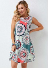 Wide Strap Printed Round Neck Dress