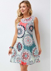 Wide Strap Printed Round Neck Dress